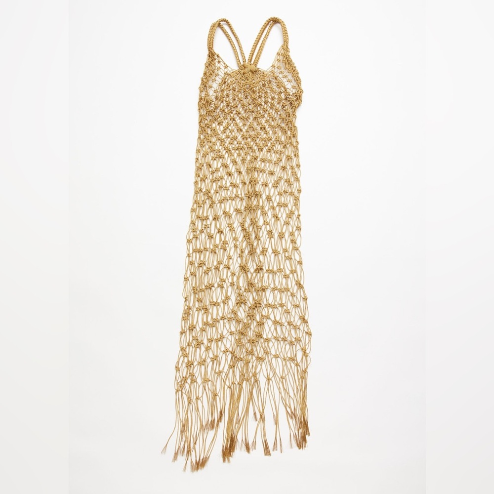 MIISTA Elsa Gold String Macramé Dress Hand-Knotted Luxe Runway Style S/M NWOT
